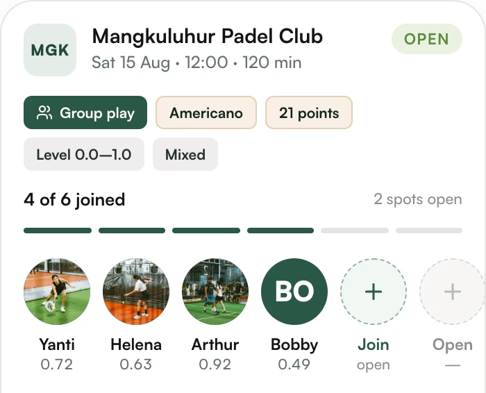 Group play session in the app: Americano at Mangkuluhur, four of six joined